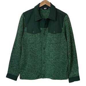 Lands' End Fleece Jacket Mens Large Tall Snap Button Nylon Trim Heather Green